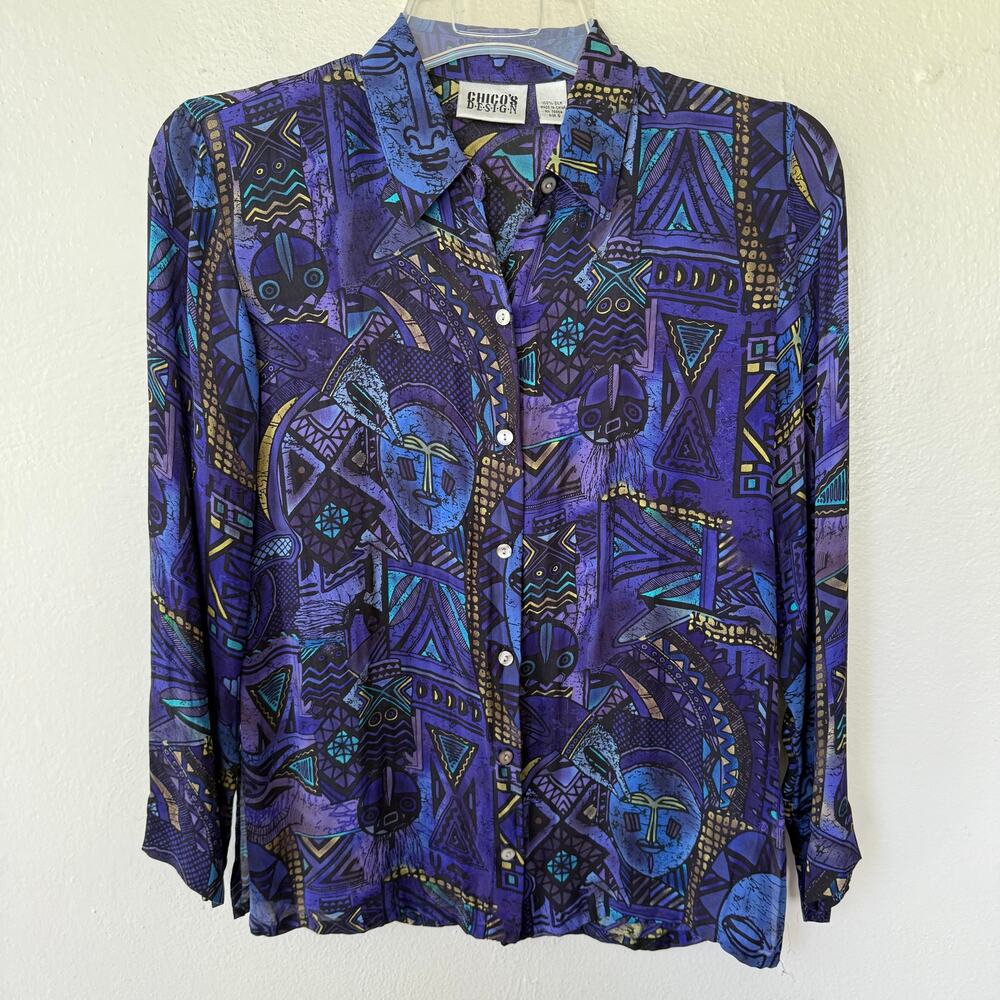 Chico's Design blouse 100% silk purple and blue artistic pattern Size XS - Picture 2 of 9